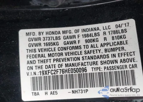 2017 Honda Civic Ex из США, поврежденный, VIN 19XFC2F76HE050096